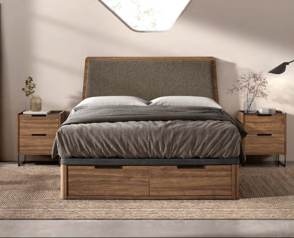 Canaпé Comfort Drawer Vissuto madera nogal con cajones frontales y cabecero tapizado marrón dormitorio cálido