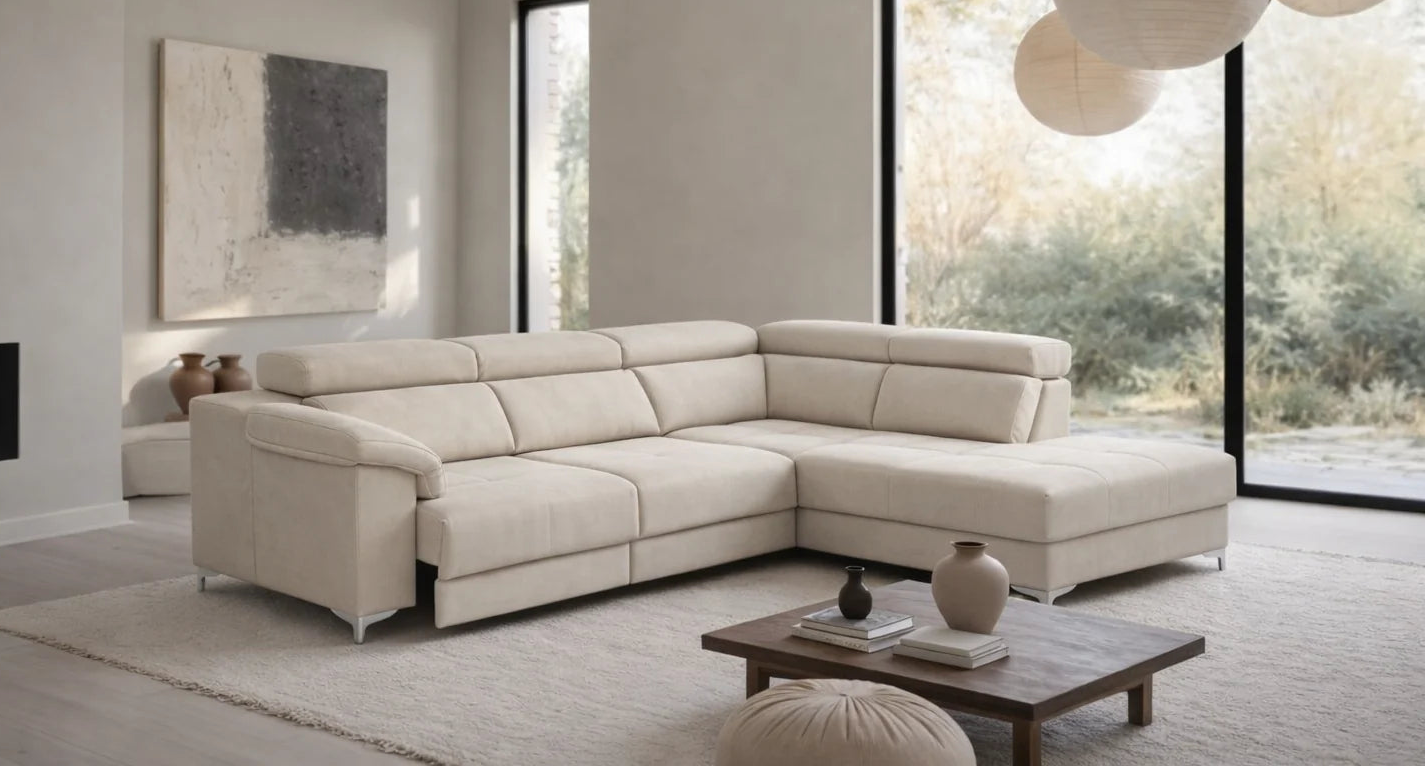 Sofá chaise longe en tono color crema extensible y con patas de color plata modelo Vissuto Sensei.