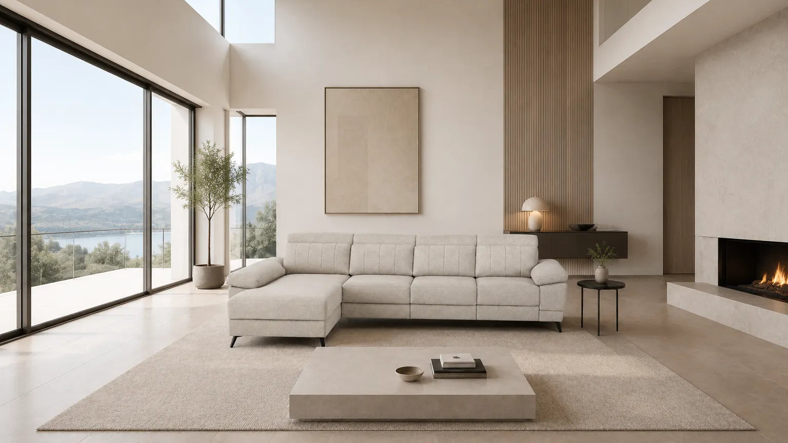 sofá chaiselongue vissuto daysi beige claro sobre fondo de salon amplio con vistas