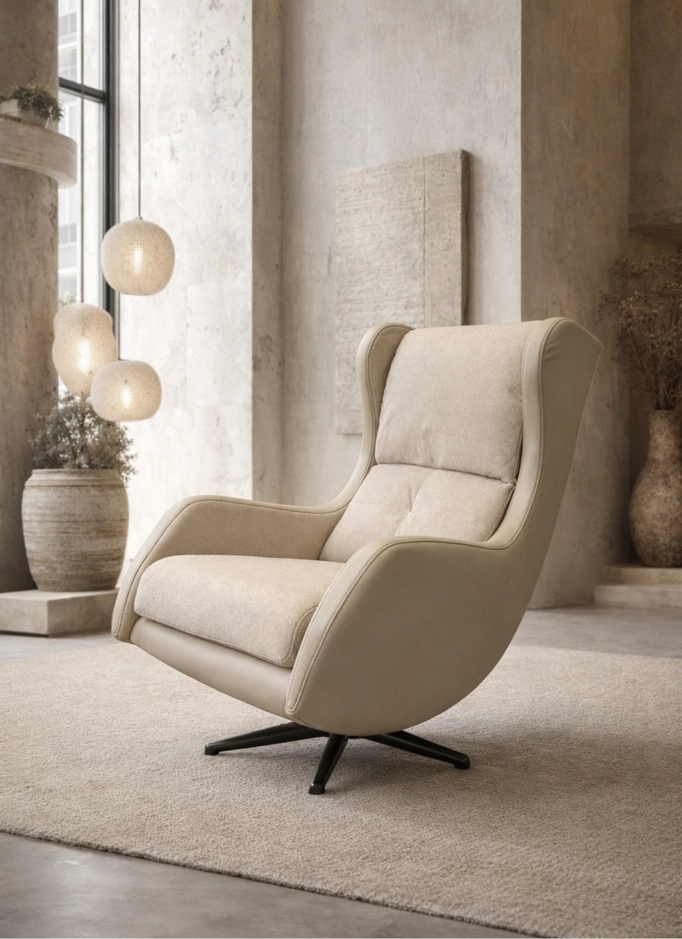 Butaca relax giratoria Vissuto Deep tapizada en piel beige en salón industrial con lámparas colgantes