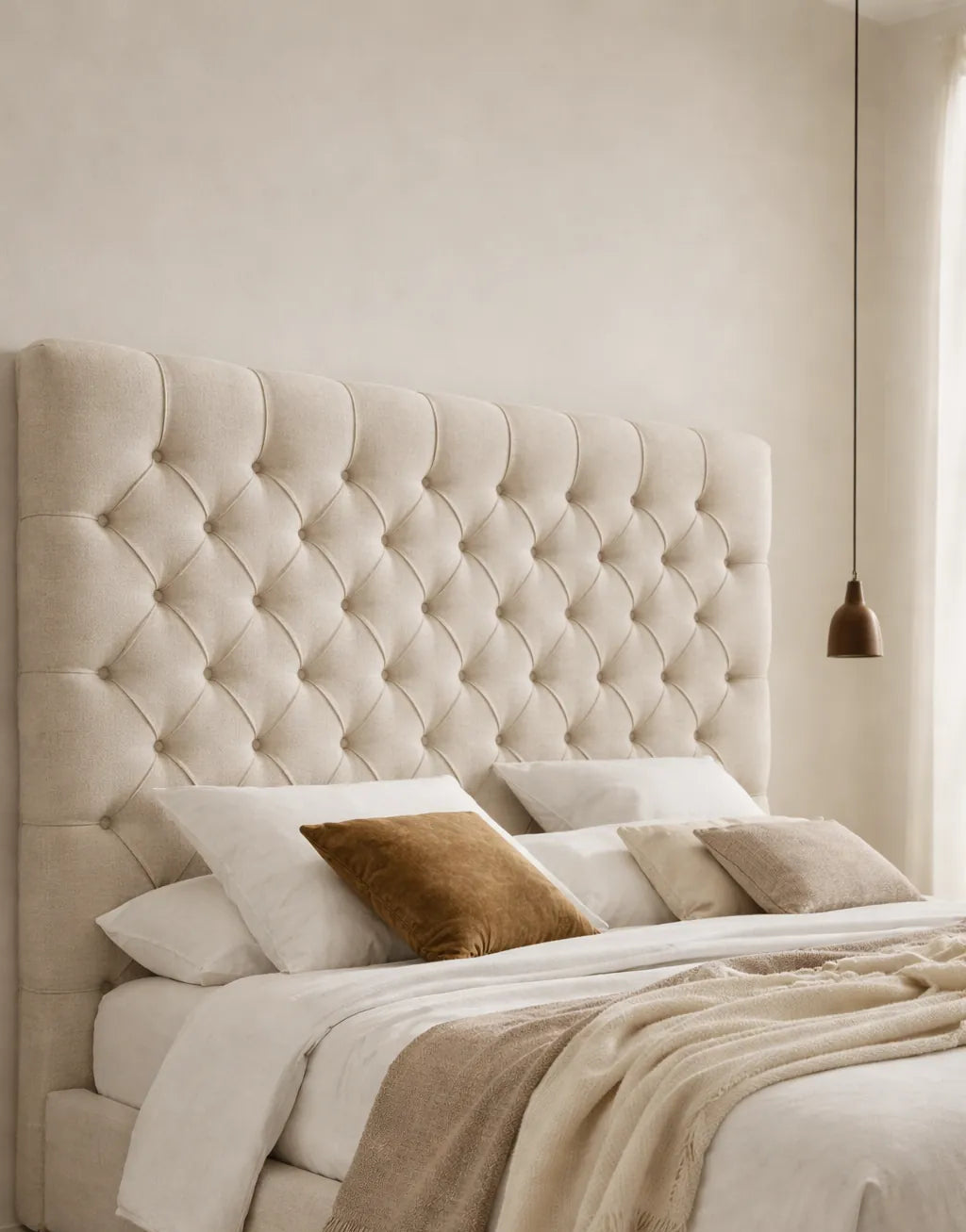 Cabecero capitoné rombos beige con botones forrados. Patrón clásico chevron acolchado con costuras profundas.