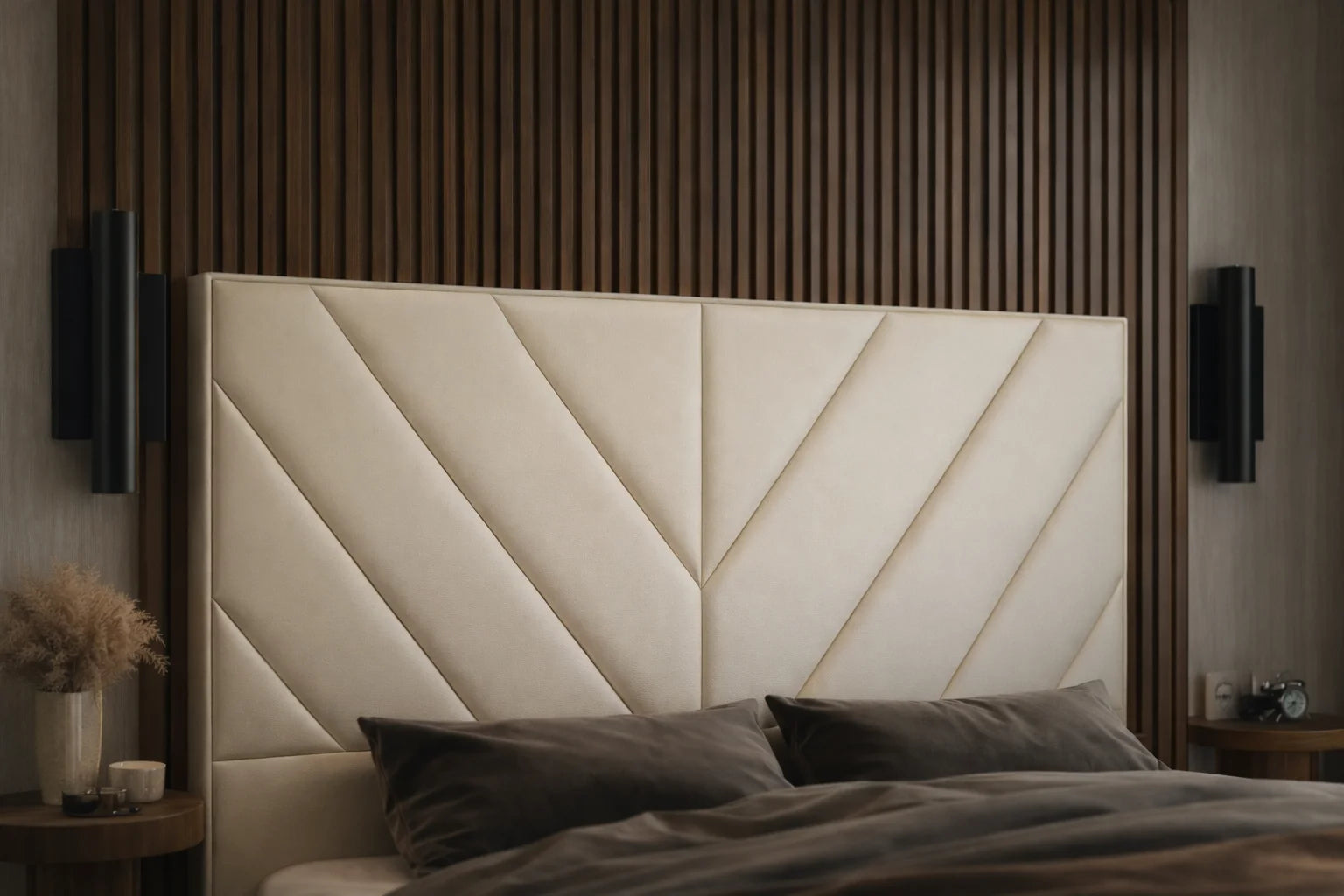 Cabecero capitoné chevron beige.