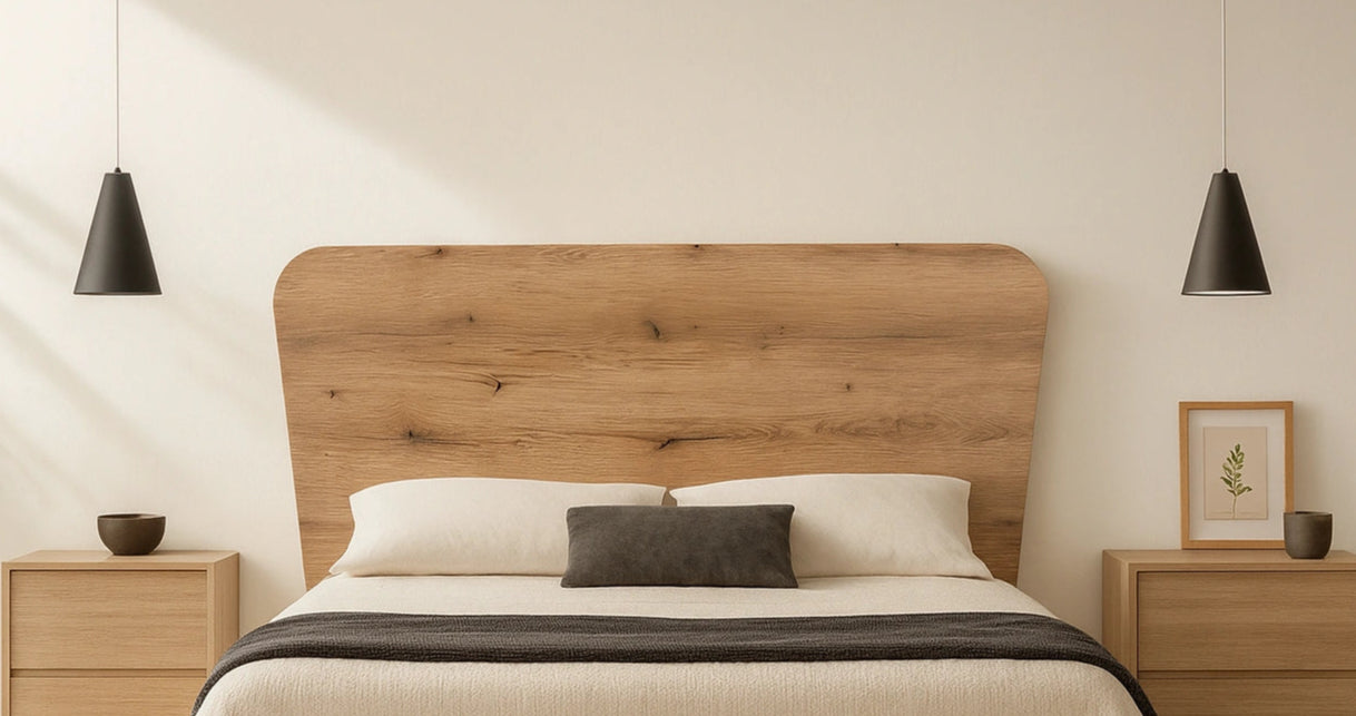 Cabecero Vissuto Genuine con marco de madera roble natural en dormitorio de estilo escandinavo