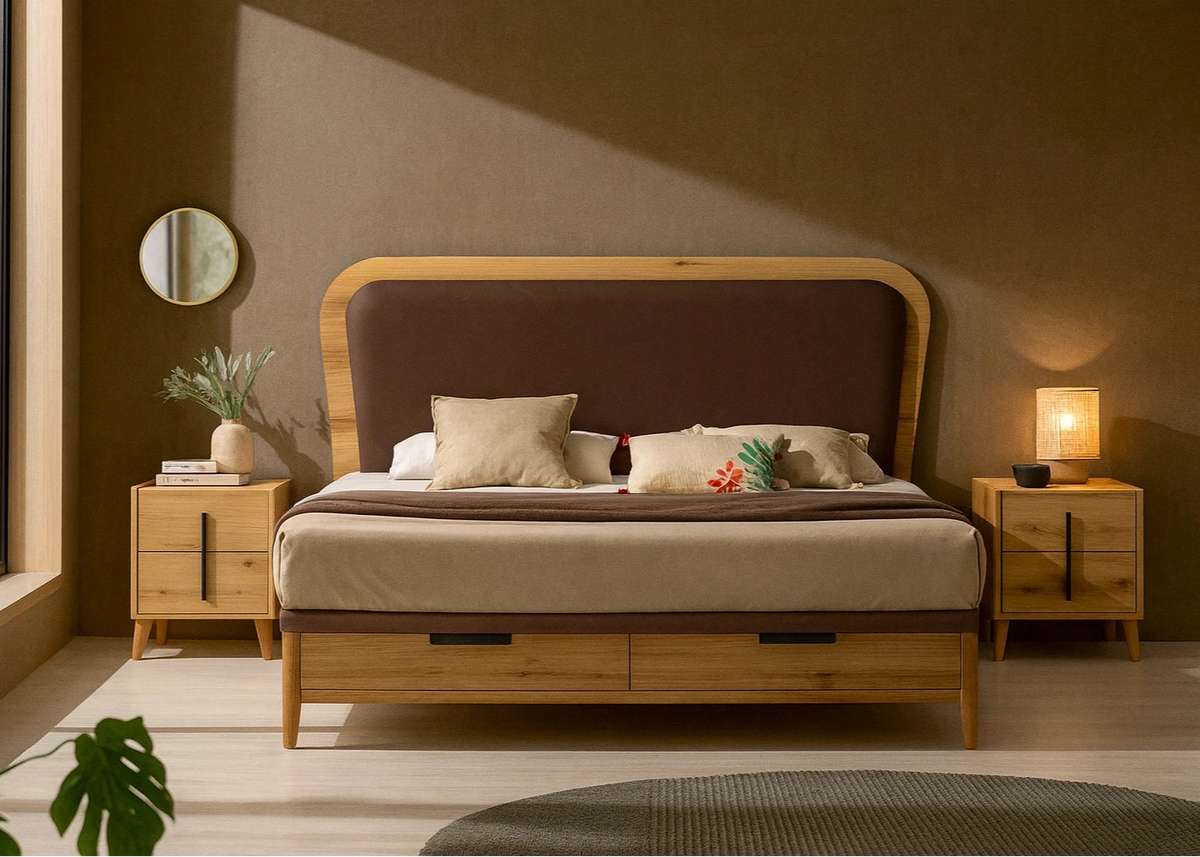 Canapé Enjoy cajón Vissuto madera roble natural con cabecero tapizado marrón en dormitorio cálido
