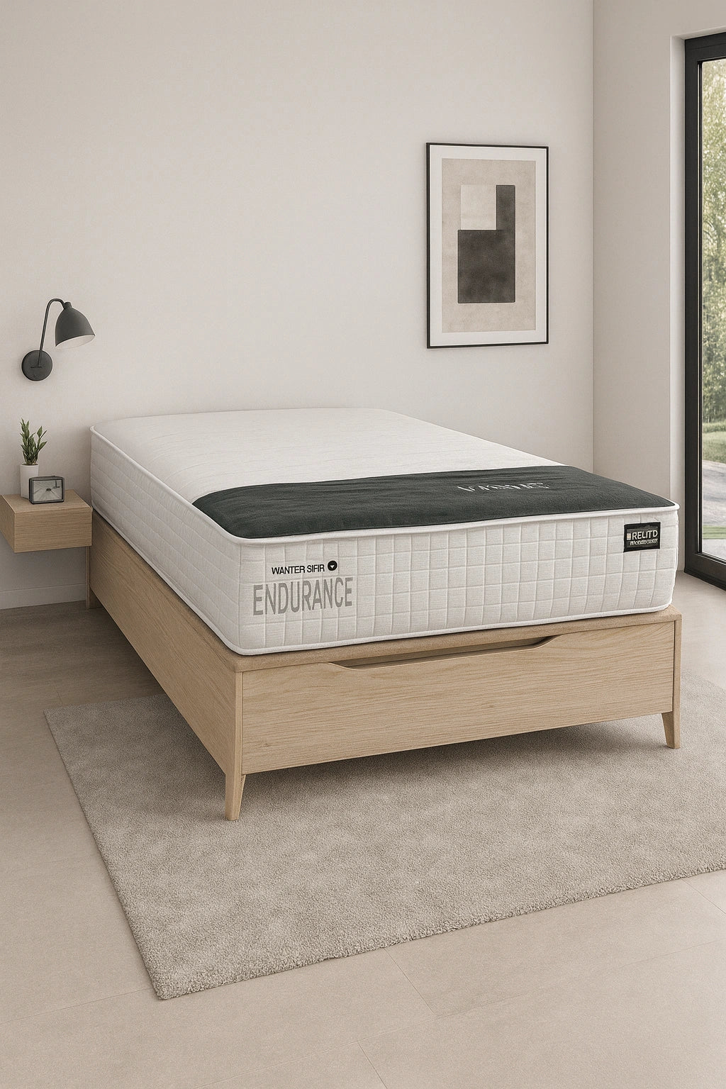 Canaпé Maya Vissuto base madera natural con colchón Endurance en dormitorio minimalista luminoso
