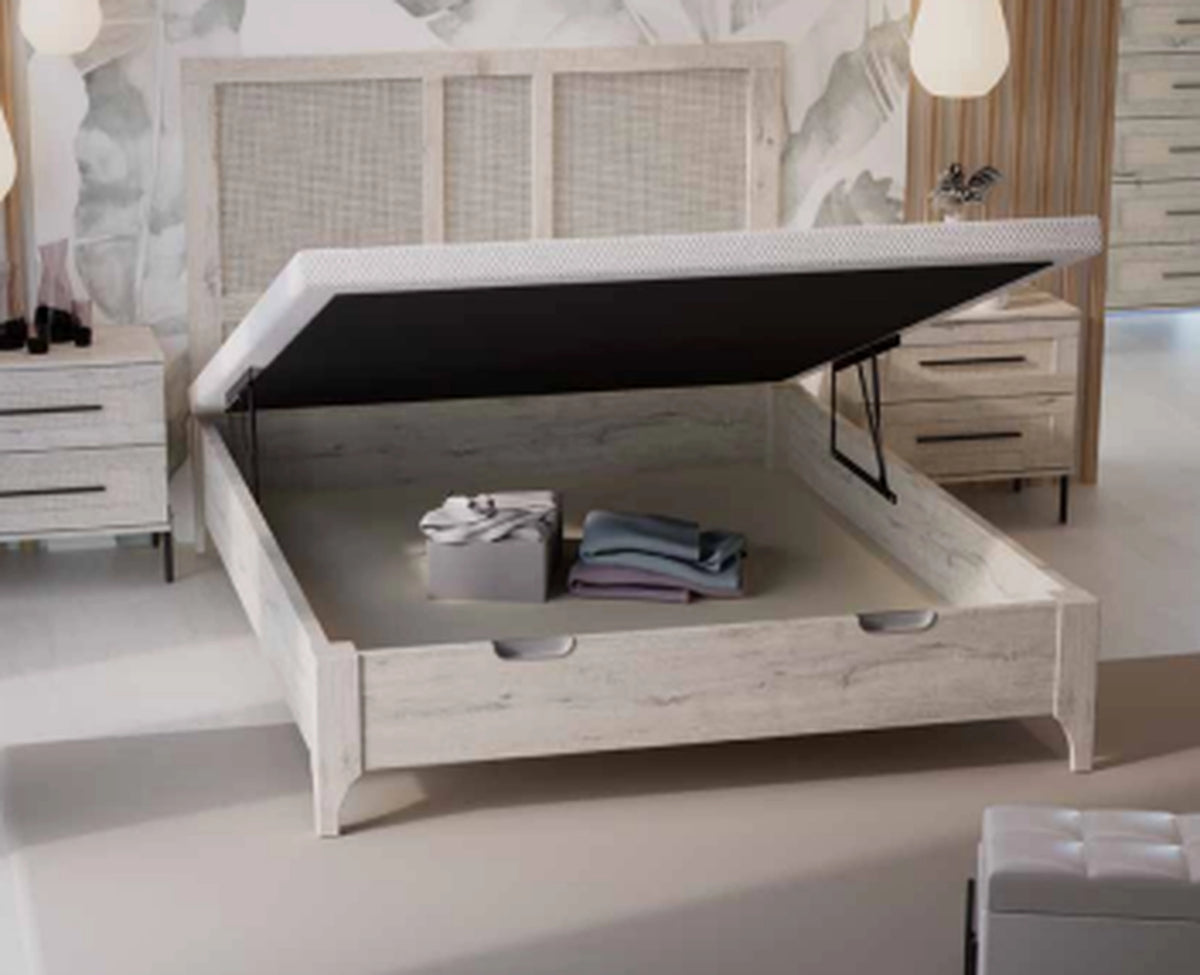 Canaпé Monaco Vissuto madera roble claro abierto mostrando interior almacenamiento dormitorio rústico