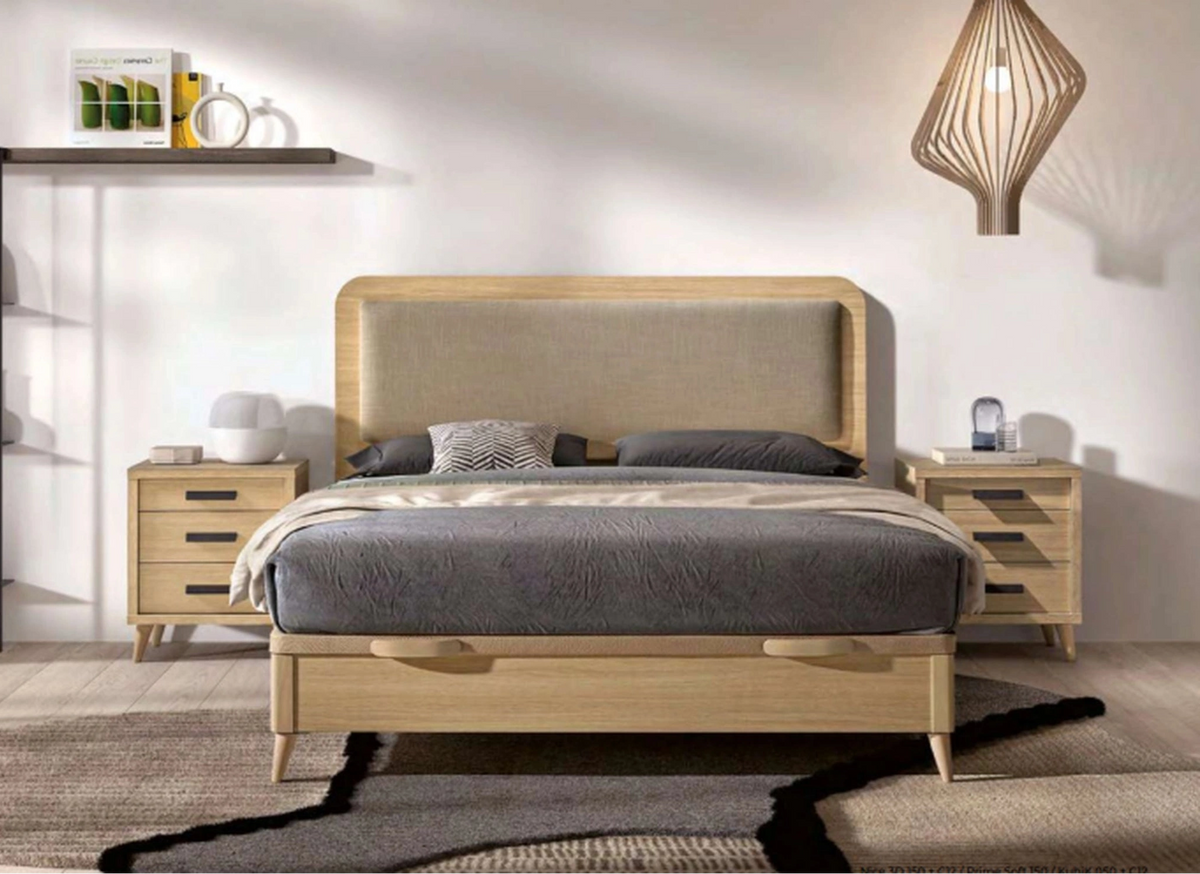 Canapé Nice Vissuto madera natural con cabecero tapizado beige y patas torneadas estilo escandinavo