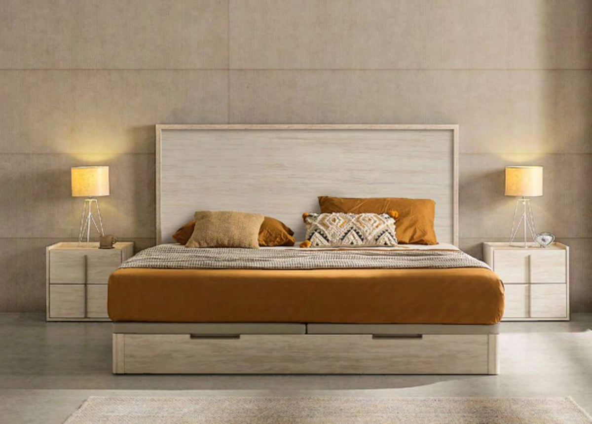 Canaпé Comfort Cool Gap Vissuto madera roble claro con cabecero integrado ropa de cama mostaza dormitorio cálido