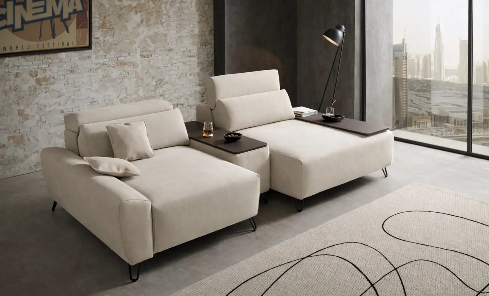 Sofá modular multiples posiciones con brazos acabados en madera modelo Vessuto Frisar.
