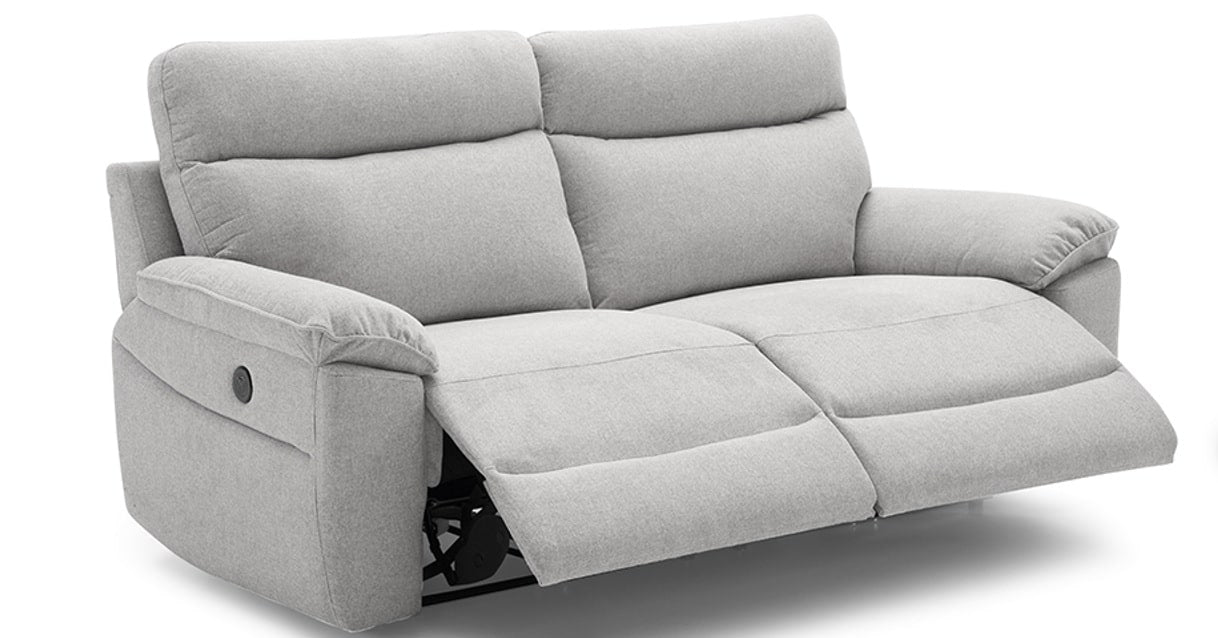 Sofá biplaza modular extensible con reposapiés elevable en tono gris claro modelo Vissuto Kenia.