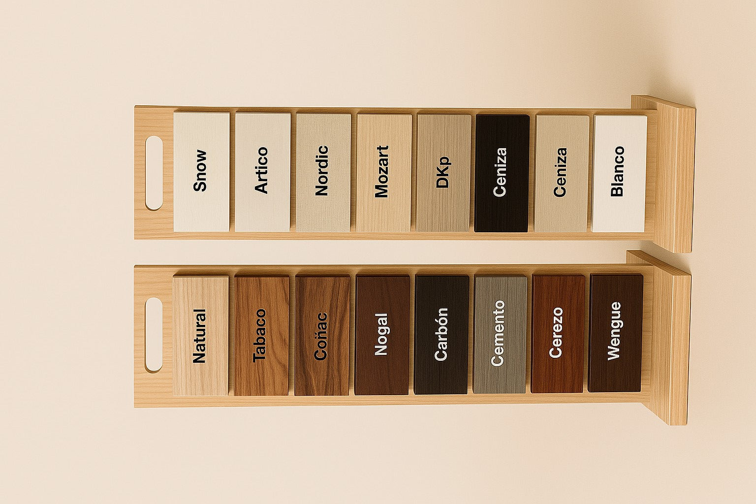 Muestrario de colores de madera para canapes Vissuto: tonos oscuros (Natural, Tabaco, Coñac, Nogal) y tonos claros (Snow, Artico, Nordic, Blanco)