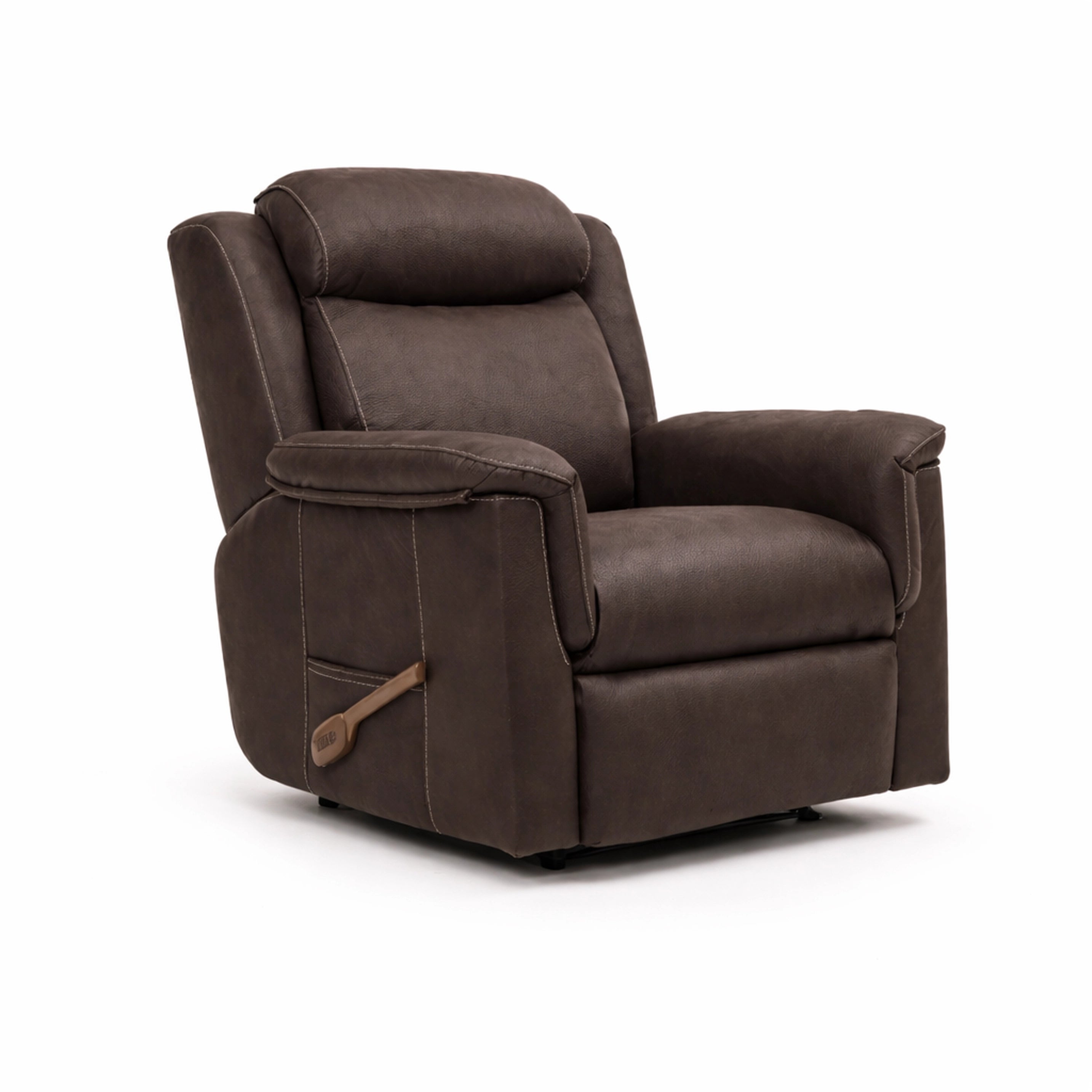 Sillón relax eléctrico Vissuto Chiara tapizado en piel marrón oscuro visto en ángulo sobre fondo blanco