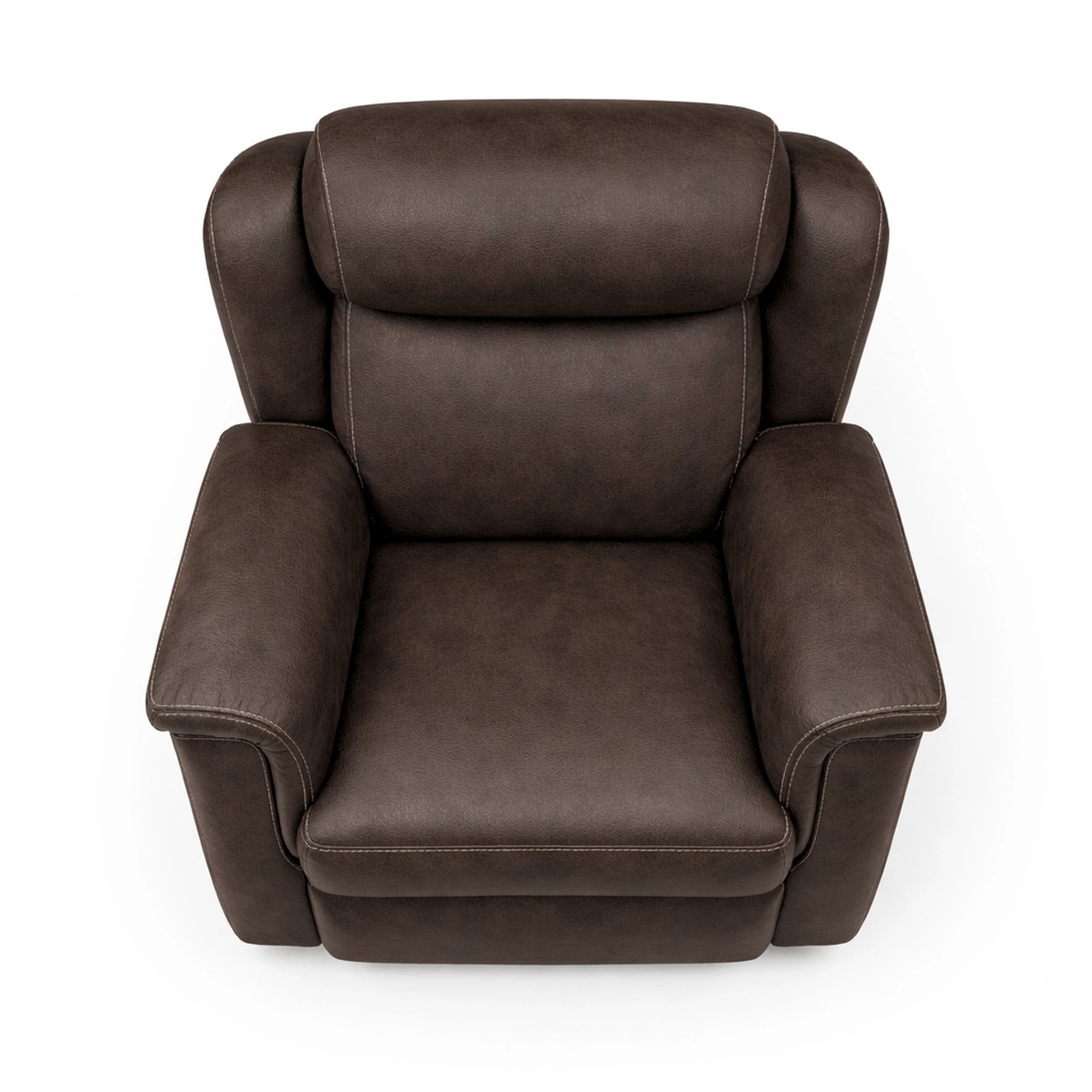 Sillón relax eléctrico Vissuto Chiara tapizado en piel marrón oscuro visto de frente sobre fondo blanco
