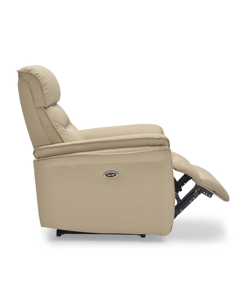 Sillón relax eléctrico Vissuto Karina en piel beige con reposapiés extendido visto de perfil