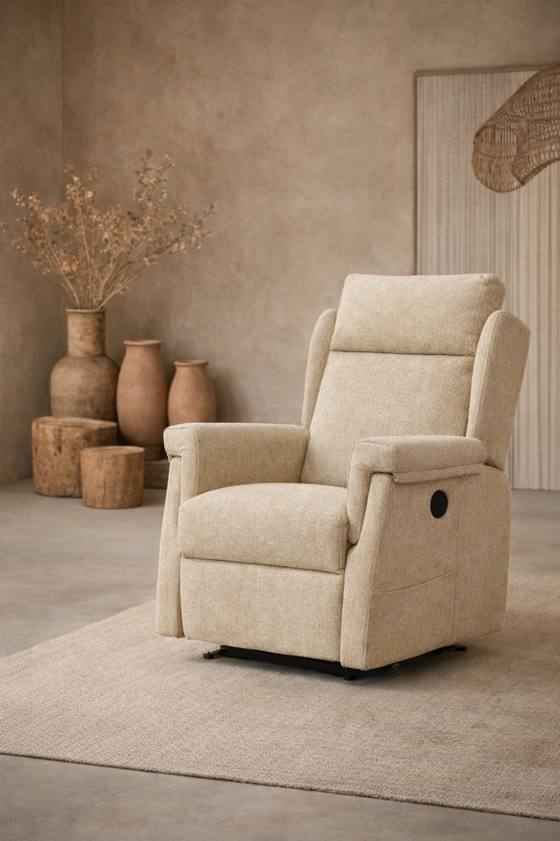Sillón relax eléctrico Vissuto Gina tapizado en tela beige en salón boho con jarrones de barro