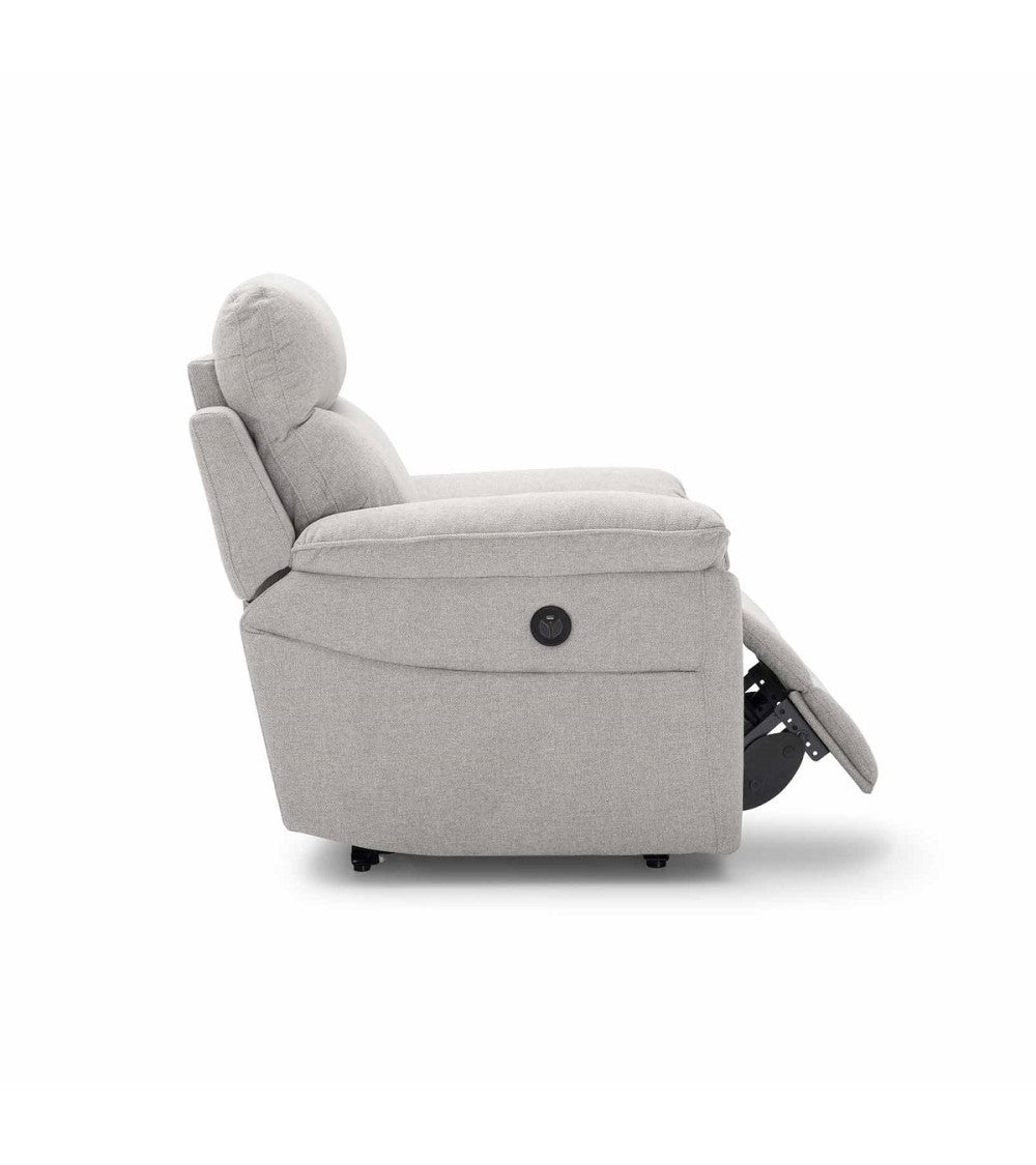 Sillón relax eléctrico Vissuto Kenia en tela gris con reposapiés extendido visto de perfil