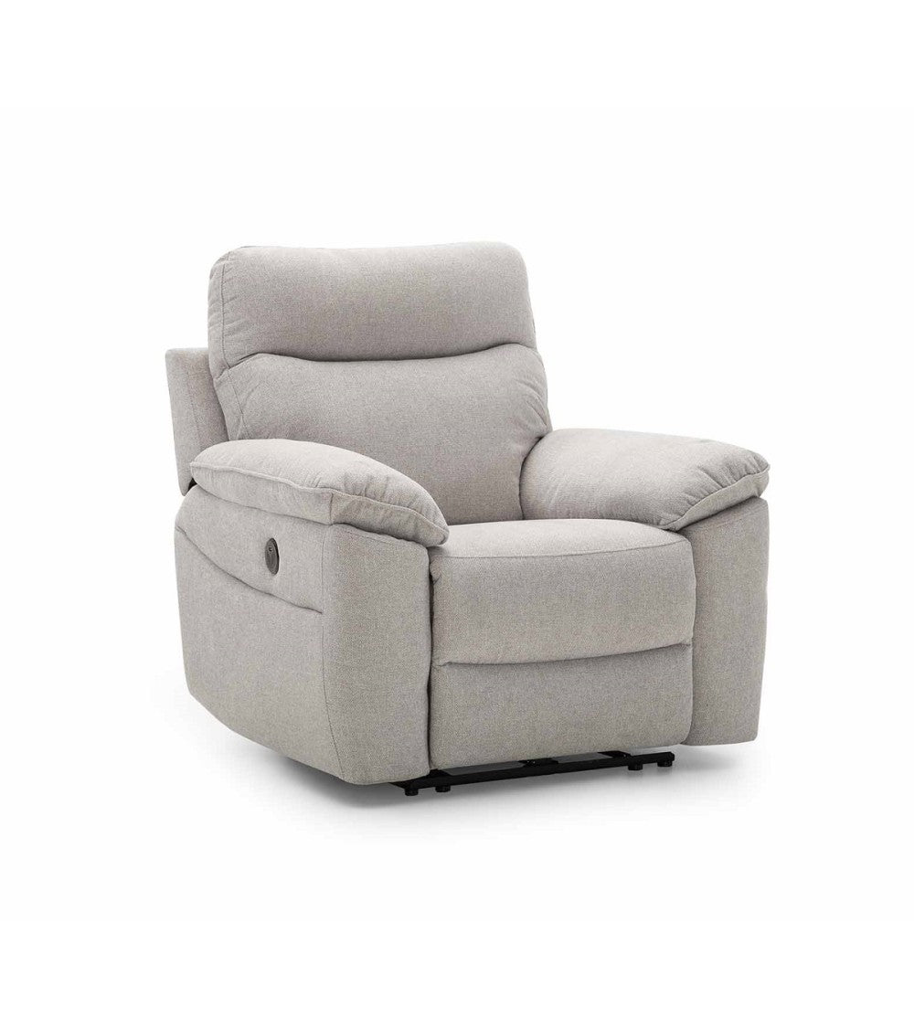Sillón relax eléctrico Vissuto Kenia tapizado en tela gris visto en ángulo