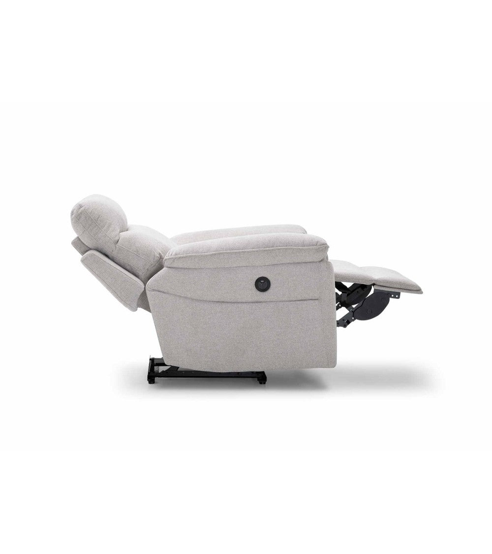 Sillón relax eléctrico Vissuto Kenia completamente reclinado visto de perfil en tela gris