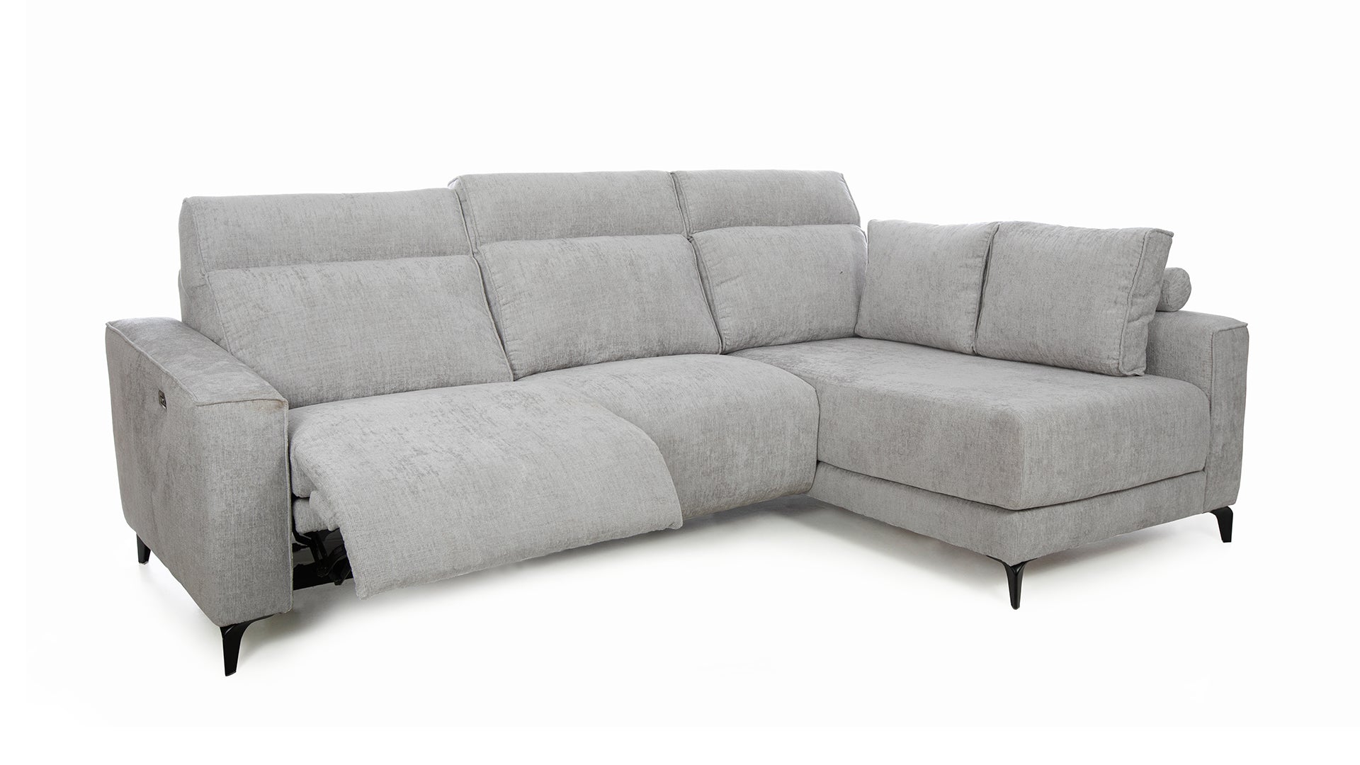 Sofá chaise longue relax Vissuto Ares 1 gris con reposapiés extendido