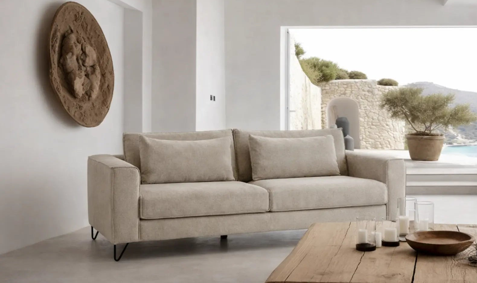 Sofá chaise longe modelo Vissuto Coimbra en tono beige.