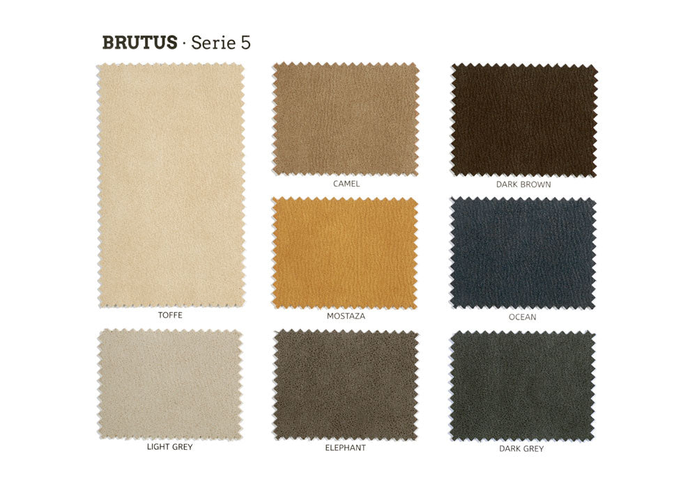 Muestras de telas tapizadas Brutus Serie 5 de Vissuto Home en tonos neutros, camel, gris y azul