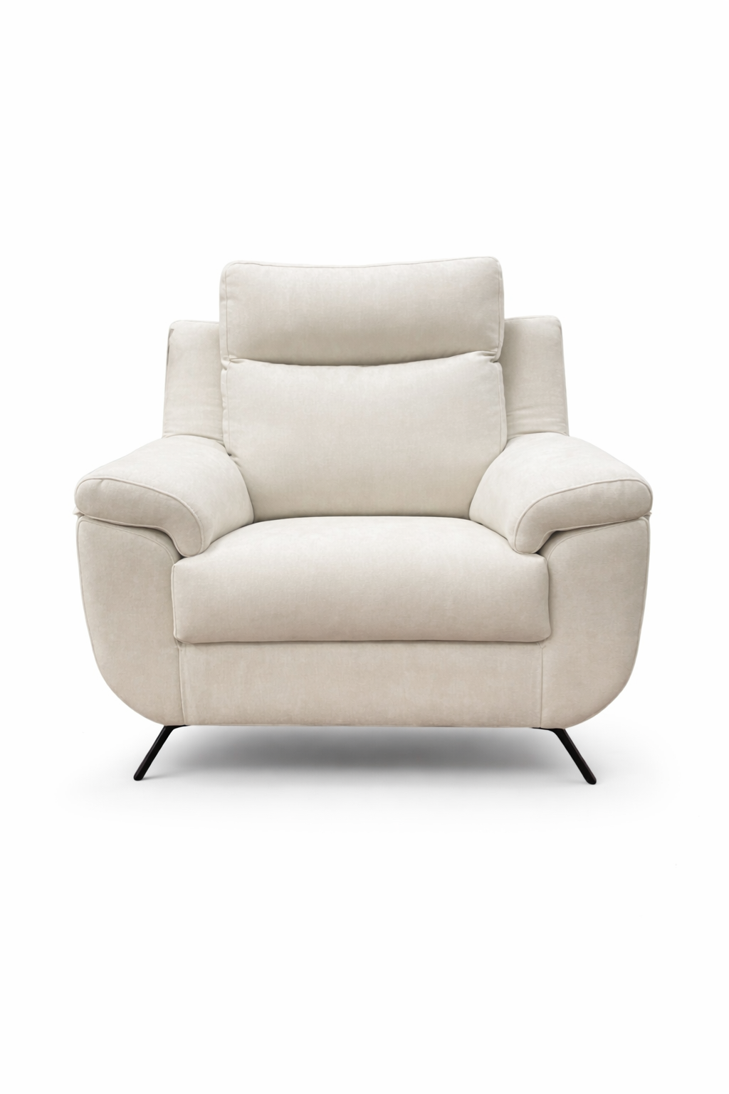 Sillón relax blanco crema con patas hairpin negras minimalista imagen frontal.