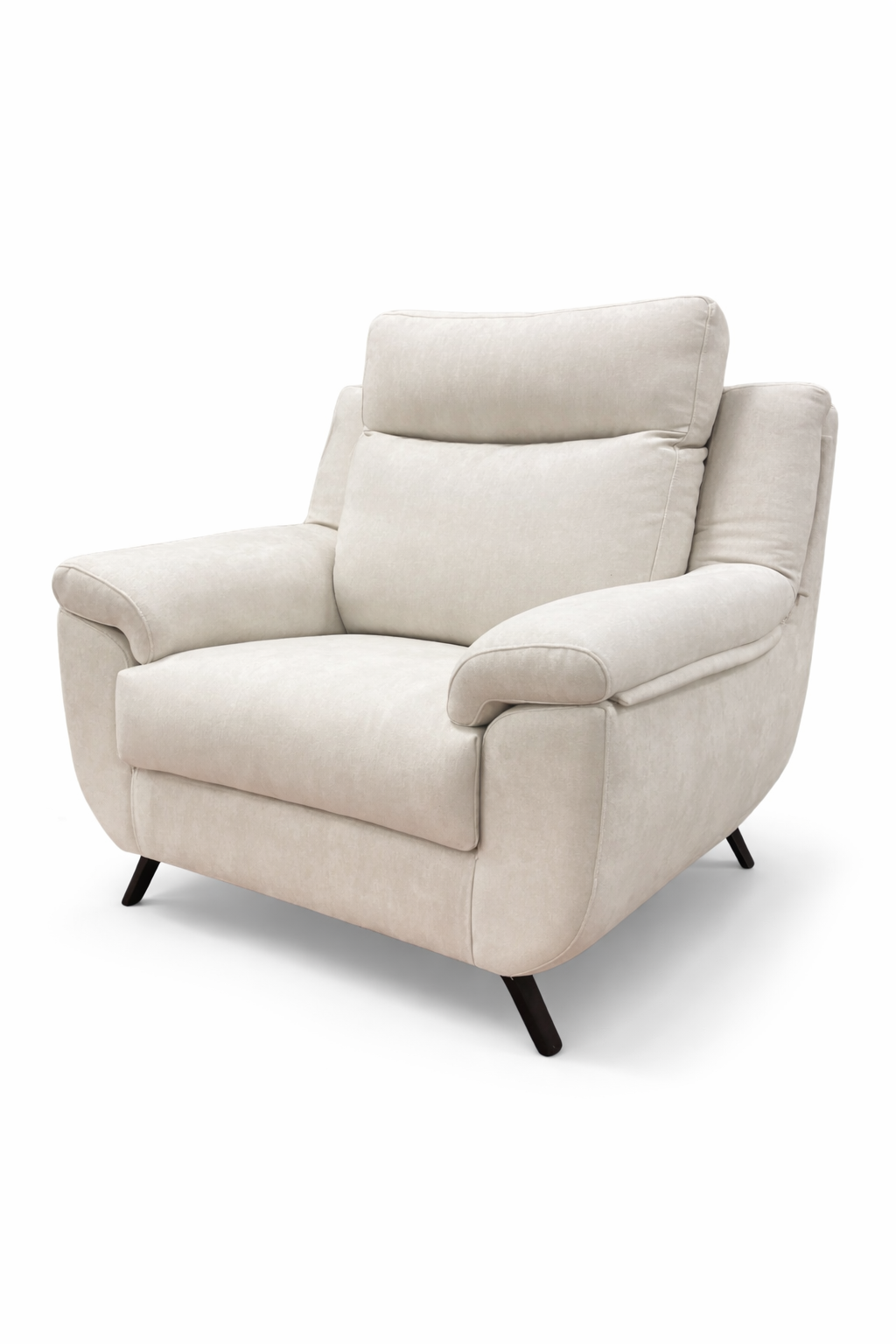 Sillón relax blanco crema con patas hairpin negras minimalista perspectiva lateral