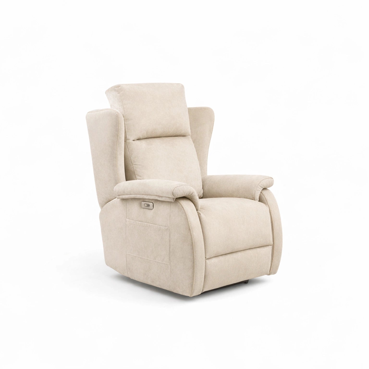 Sillón relax eléctrico Vissuto Katya tapizado en tela beige visto en ángulo