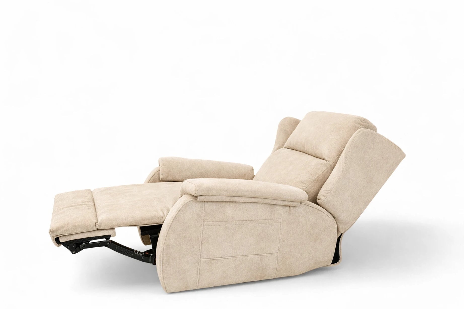 Sillón relax eléctrico Vissuto Katya completamente reclinado visto de perfil en tela beige