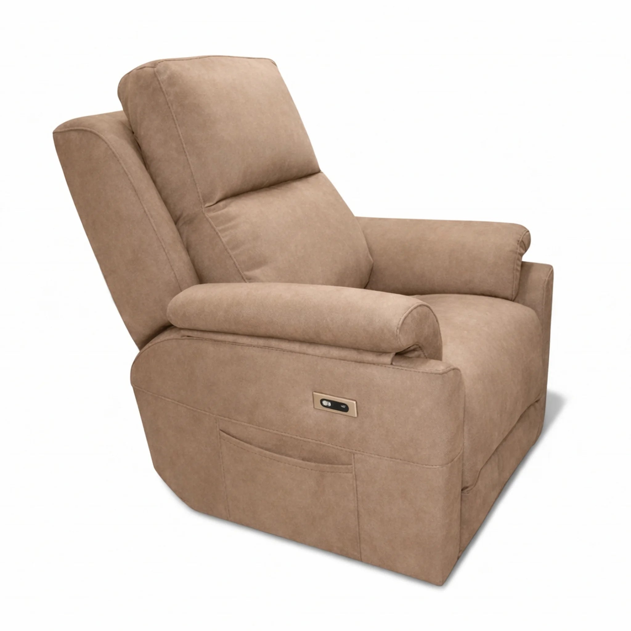 Sillón relax eléctrico tono café crema visto de perfil sobre fondo blanco modelo Vissuto Loana 