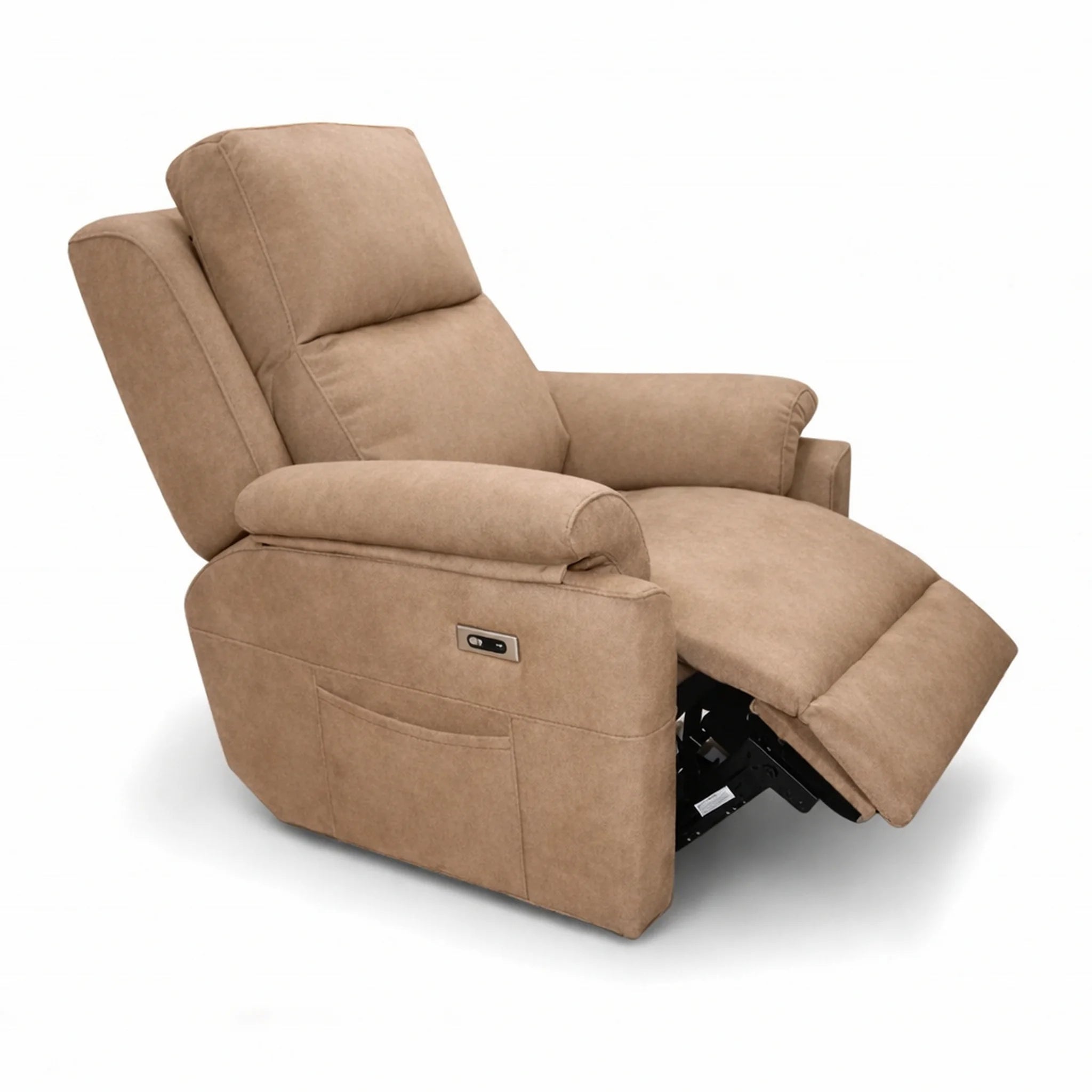 Sillón relax eléctrico tono café crema  con reposapiés extendido visto de perfil sobre fondo blanco modelo Vissuto Loana 