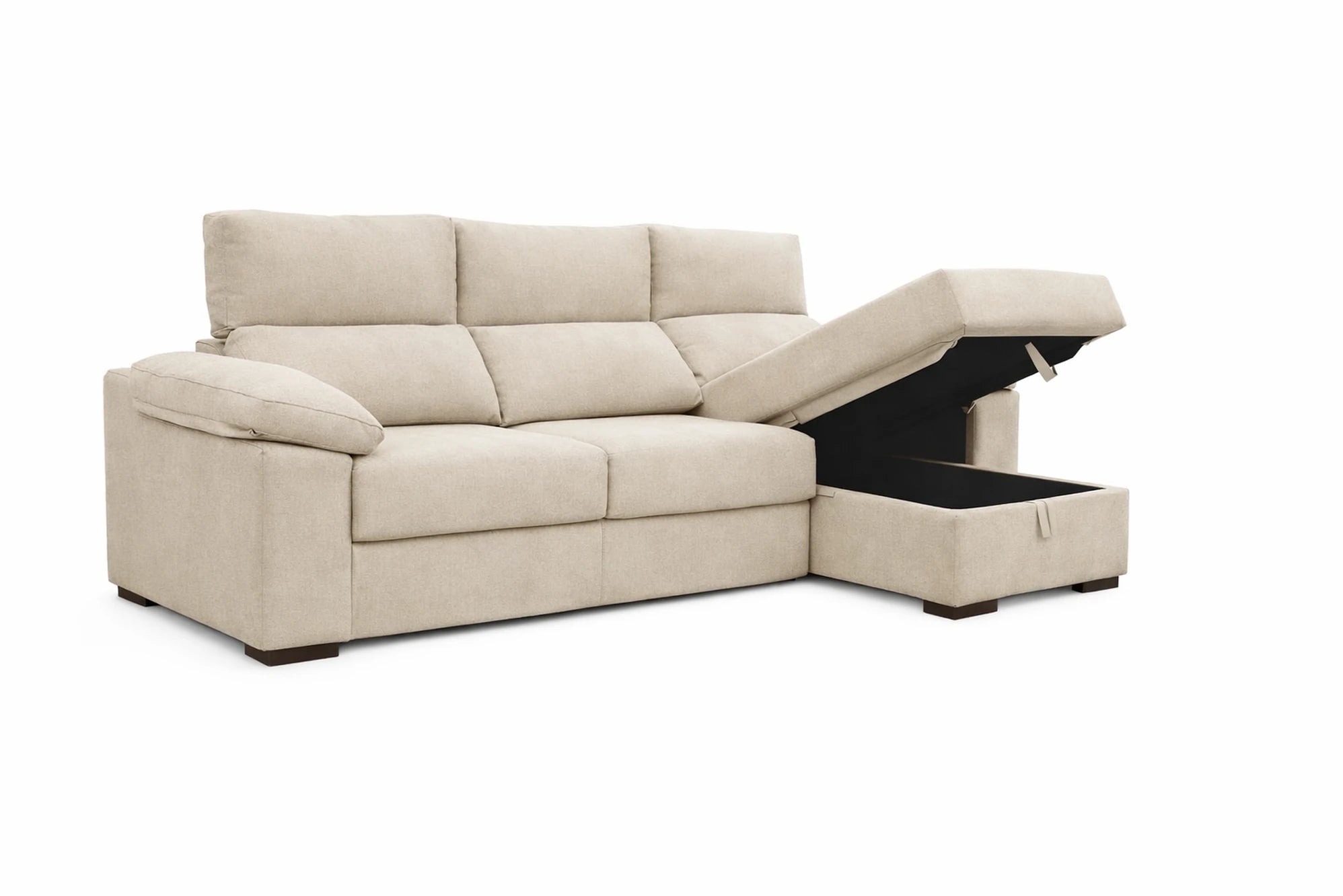 Sofá chaise longe color beige con almacenaje modelo Vissuto Botton.
