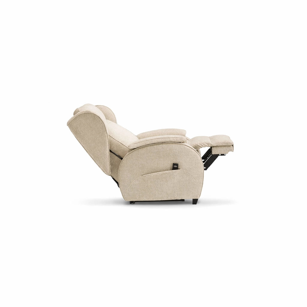 Sillón relax eléctrico Lemur completamente reclinado con reposapiés extendido visto de perfil