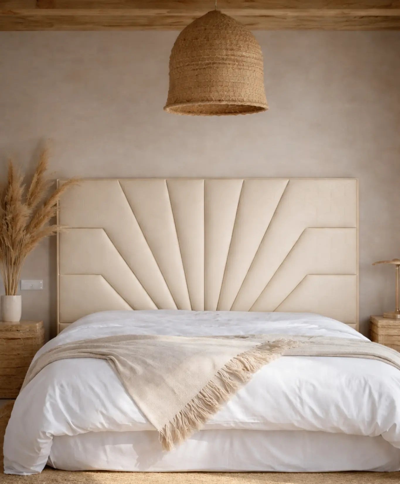 Cabecero tapizado beige con capitoné radial en forma de abanico y paneles acolchados verticales.