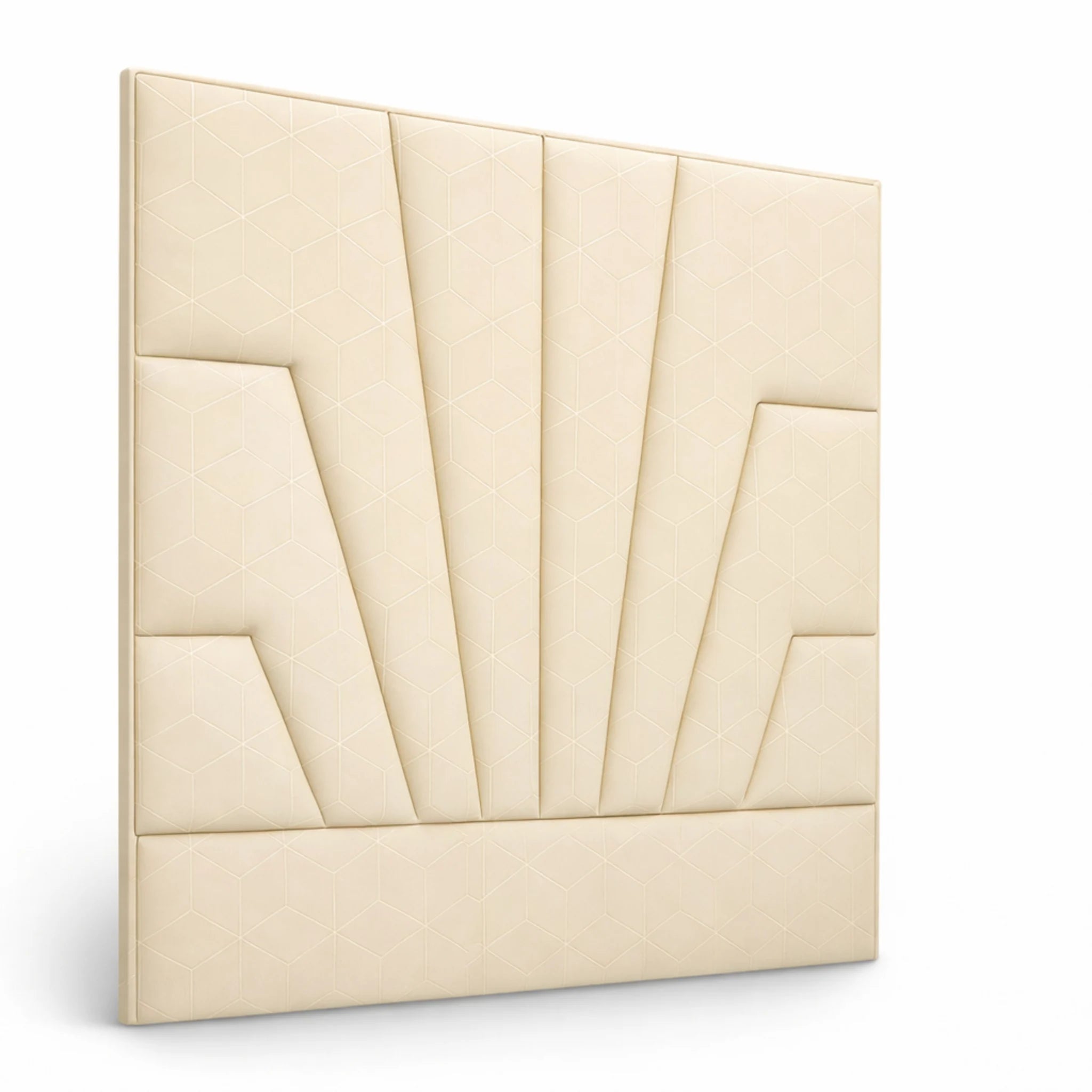 Cabecero tapizado rosado con capitoné radial en forma de abanico y paneles acolchados verticales.