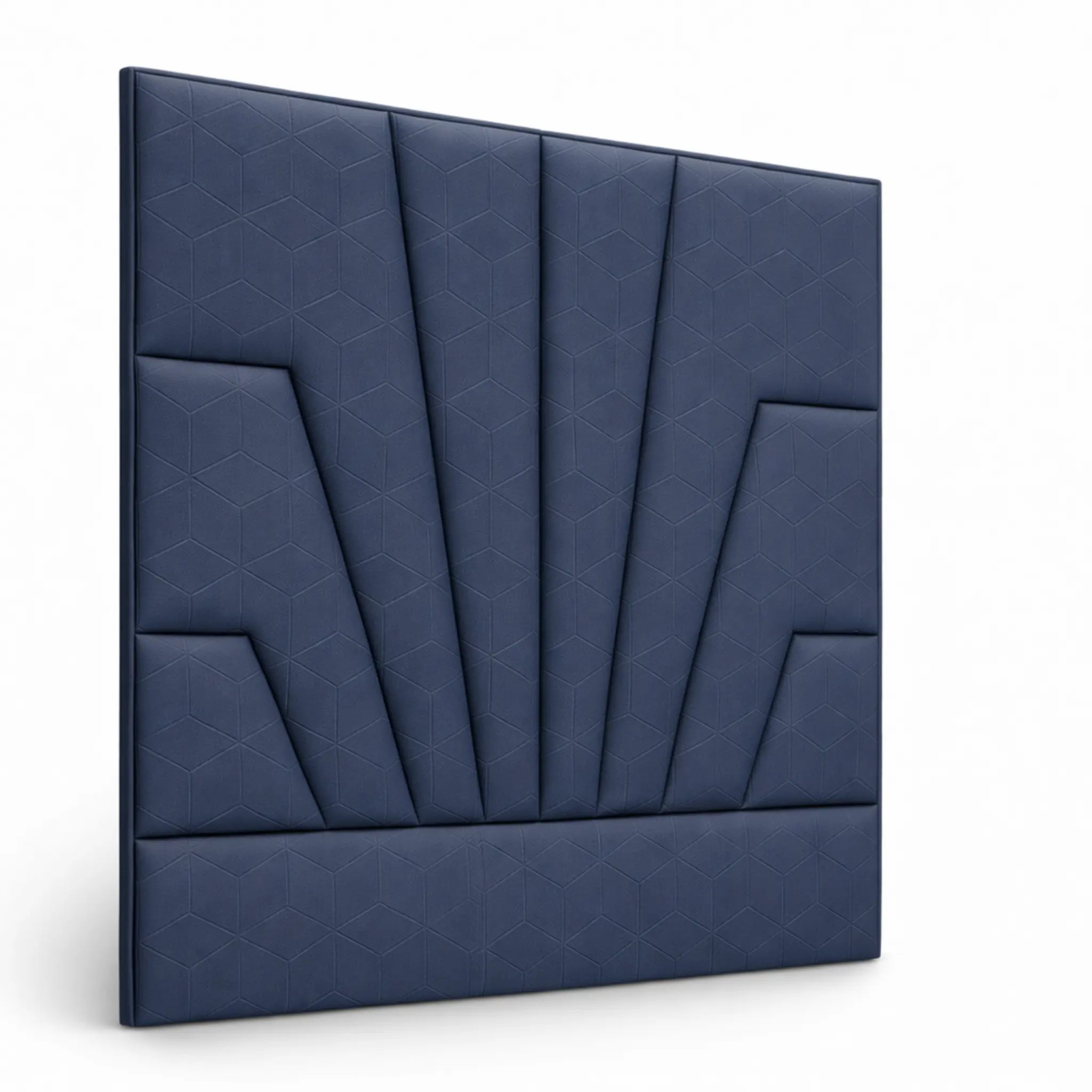 Cabecero tapizado azul con capitoné radial en forma de abanico y paneles acolchados verticales.