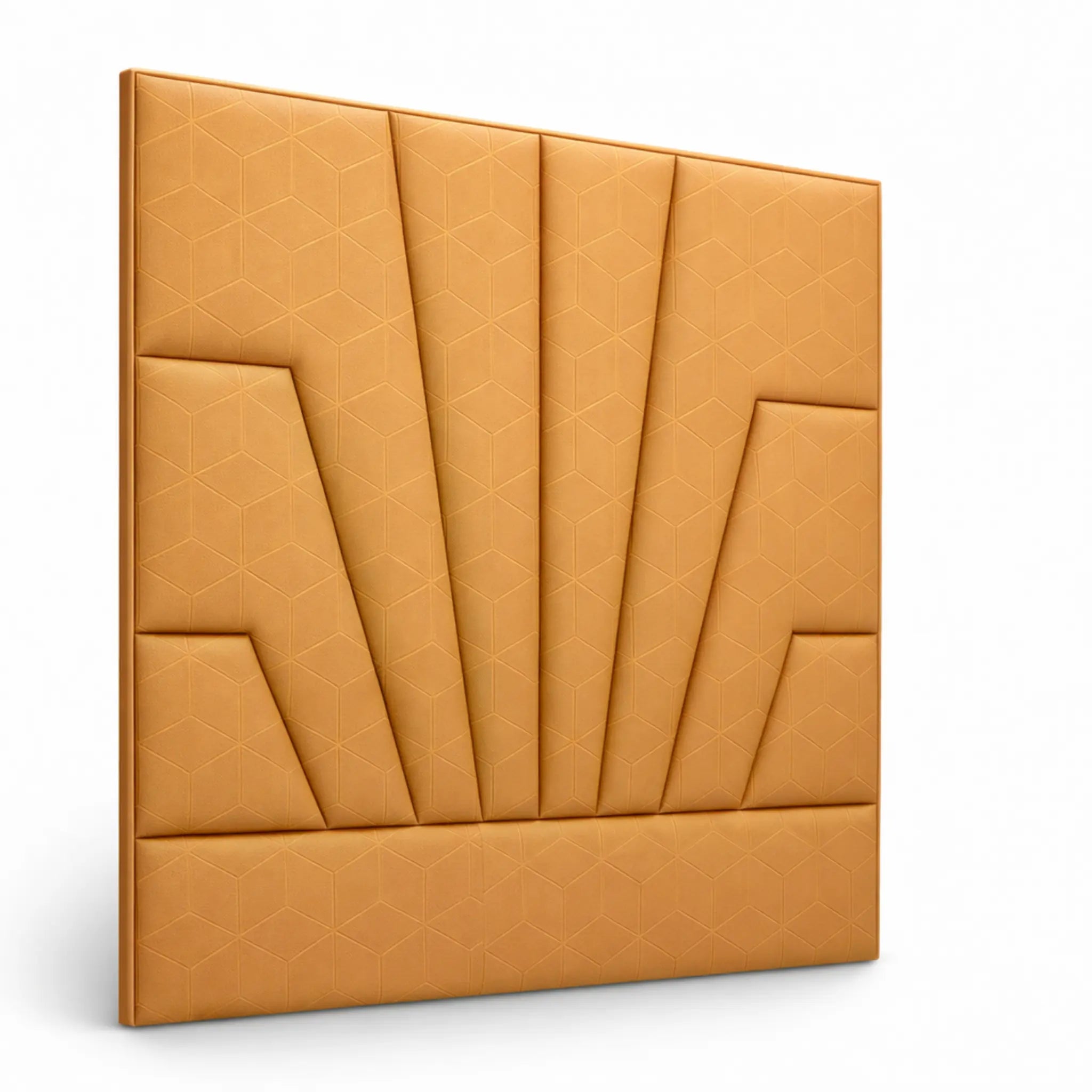 Cabecero tapizado marron crema con capitoné radial en forma de abanico y paneles acolchados verticales.