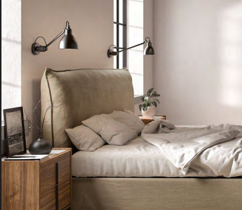 Imagen dormitorio con mesita de noche de madera, lamparas de metal y cabecero Vissuto Padded