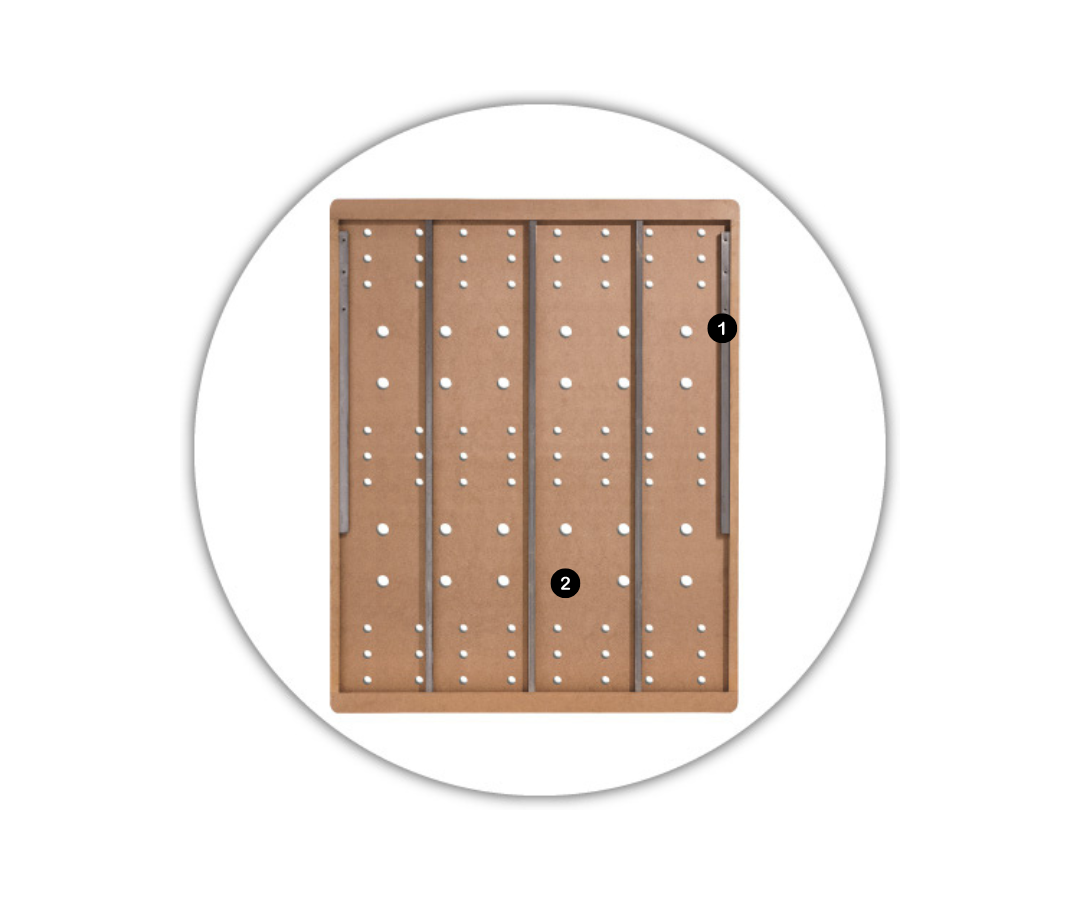 Infografía del sistema Tapa 3D Vissuto: estructura de base con rejilla de madera y puntos de apoyo numerados