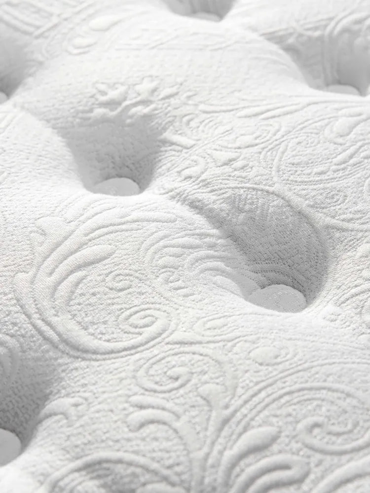 Primer plano del tejido acolchado con diseño floral en relieve blanco del colchón Vissuto Innova Pocket