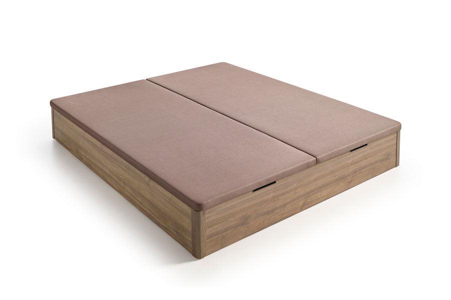 Canapé Vissuto Comfort Gap cerrado: tapa tapizada en tela rosa palo y base de madera nogal