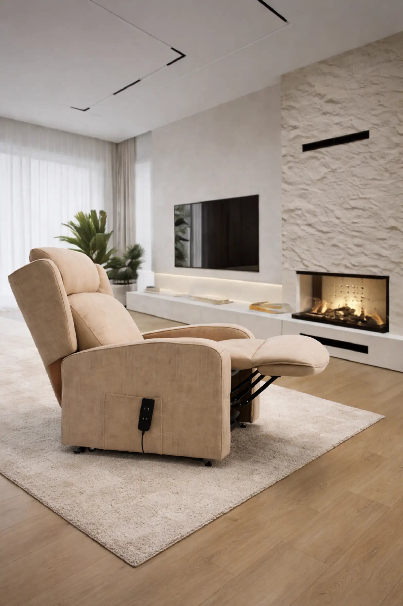 Sillón relax eléctrico beige reclinado con pies elevados modelo Vissuto Lira.
