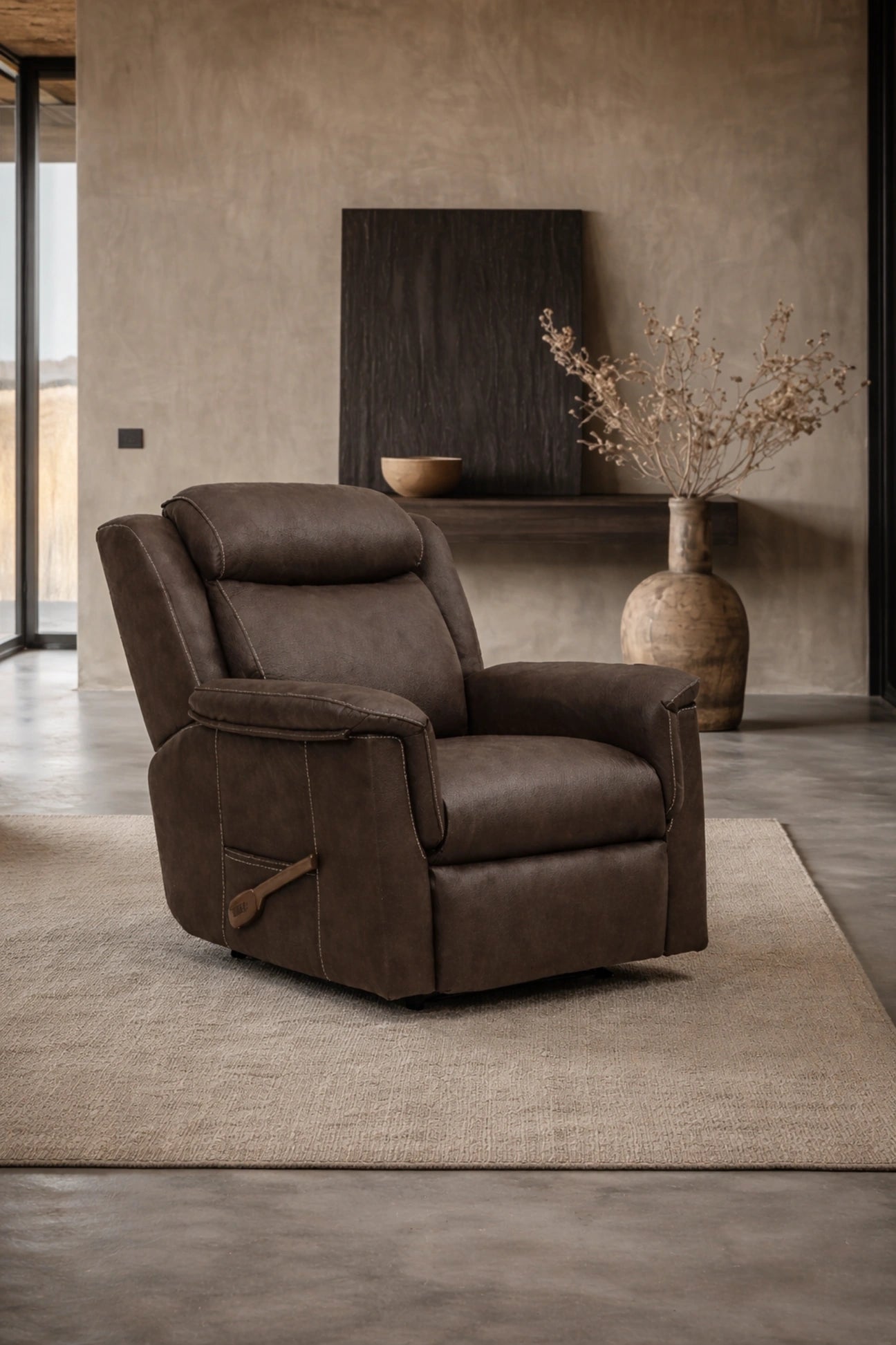 Sillón relax eléctrico Vissuto Chiara tapizado en piel marrón oscuro en salón moderno con jarrón decorativo