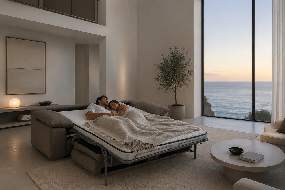 sofá cama vissuto catania abierto con pareja durmiendo fondo de salon con vistas al mar