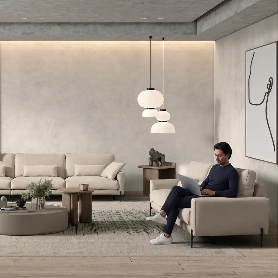 sofá vissuto altair pata alta color beige con fondo de salón de diseño