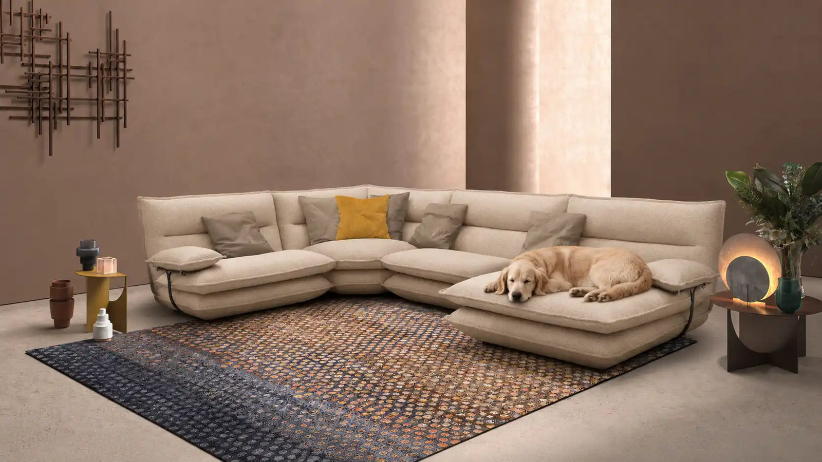 sofá vissuto altro sobre fondo de diseño con perro encima de chaiselongue