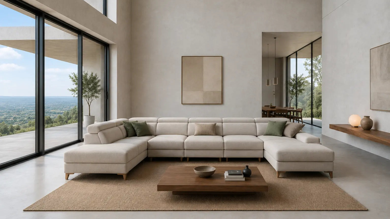 sofá doble chaiselongue vissuto astra beige con pata alta de madera sobre fondo de salón con vistas
