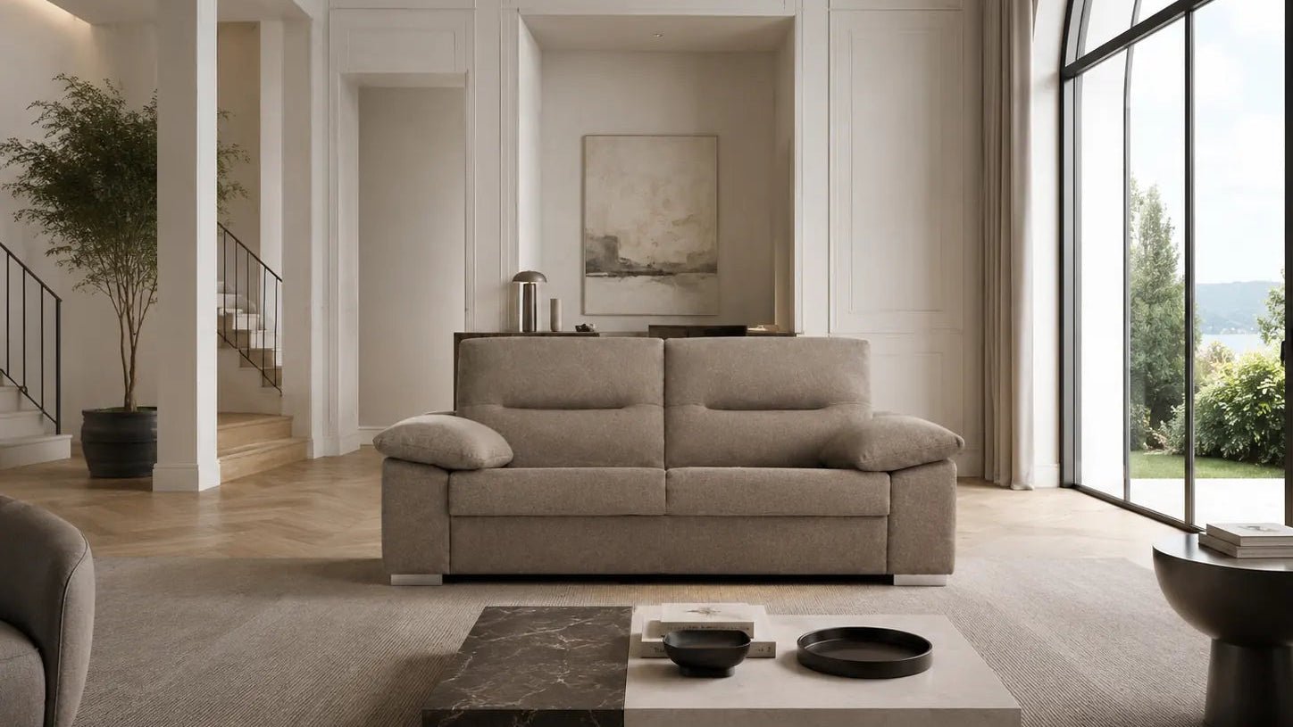 sofá cama vissuto catania en salon con escaleras decoración minimalista y cristalera con vistas