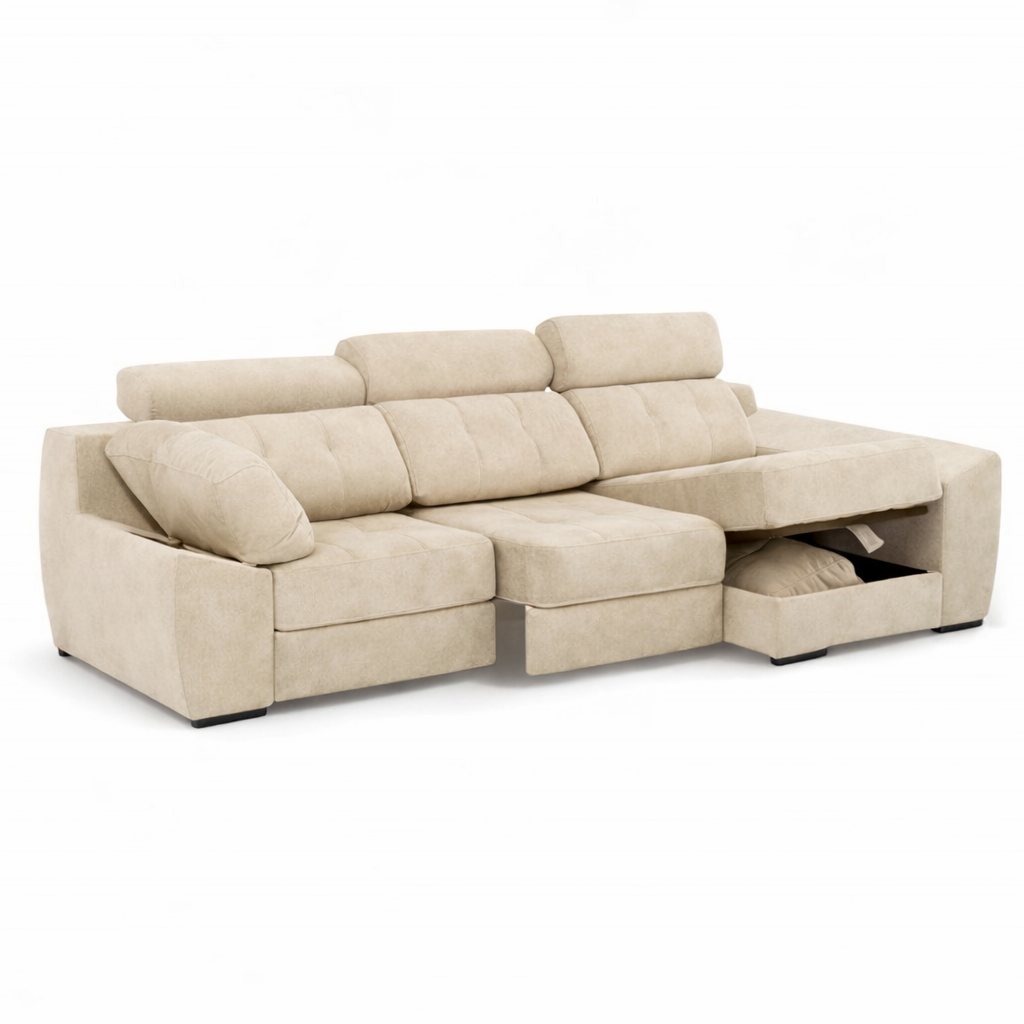 Sofá triplaza en tono marrón crema extensible con almacenaje modelo Vissuto Infinity.