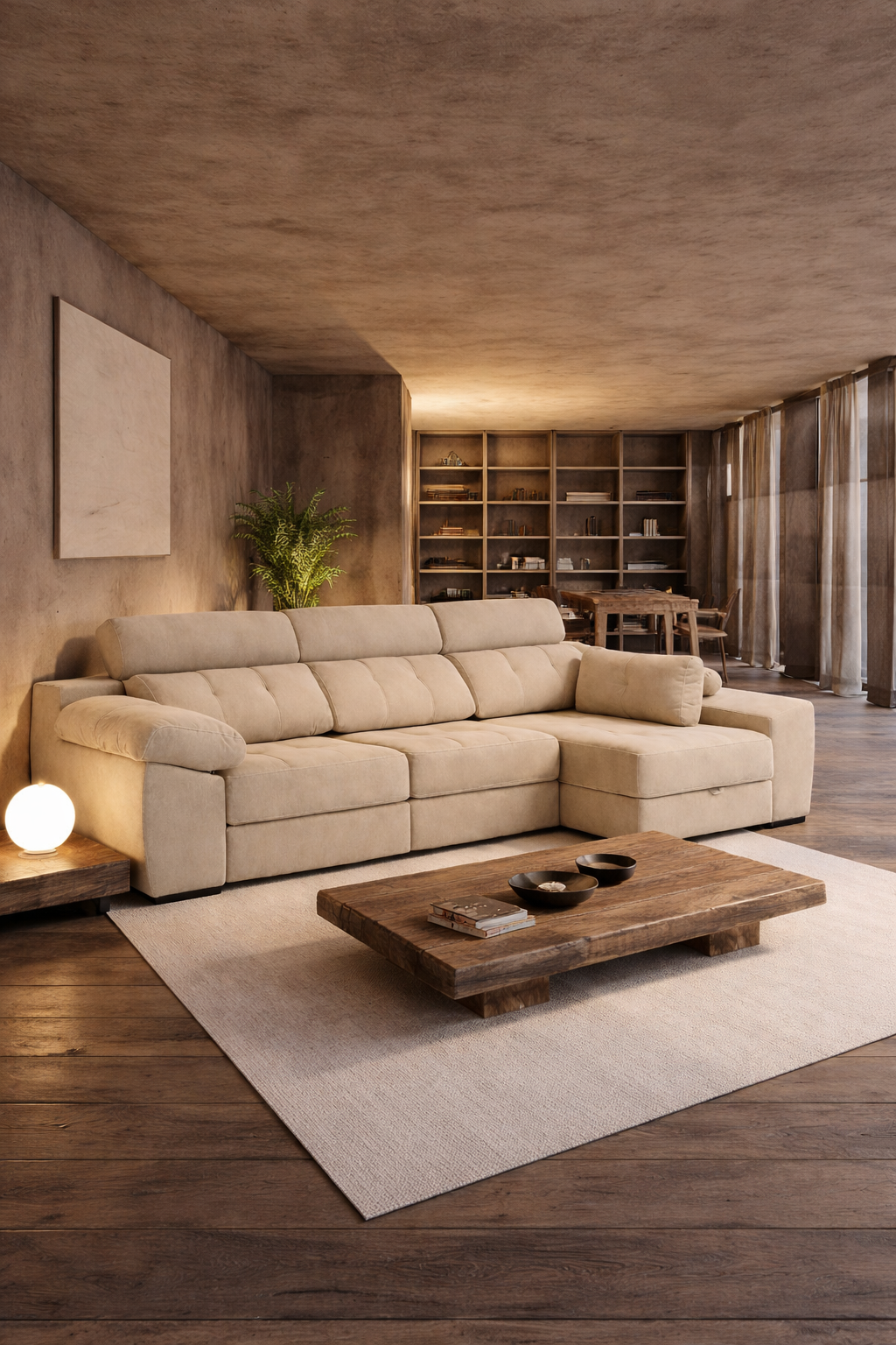 Sofá chaise longe en tono marrón crema extensible con almacenaje modelo Vissuto Infinity.